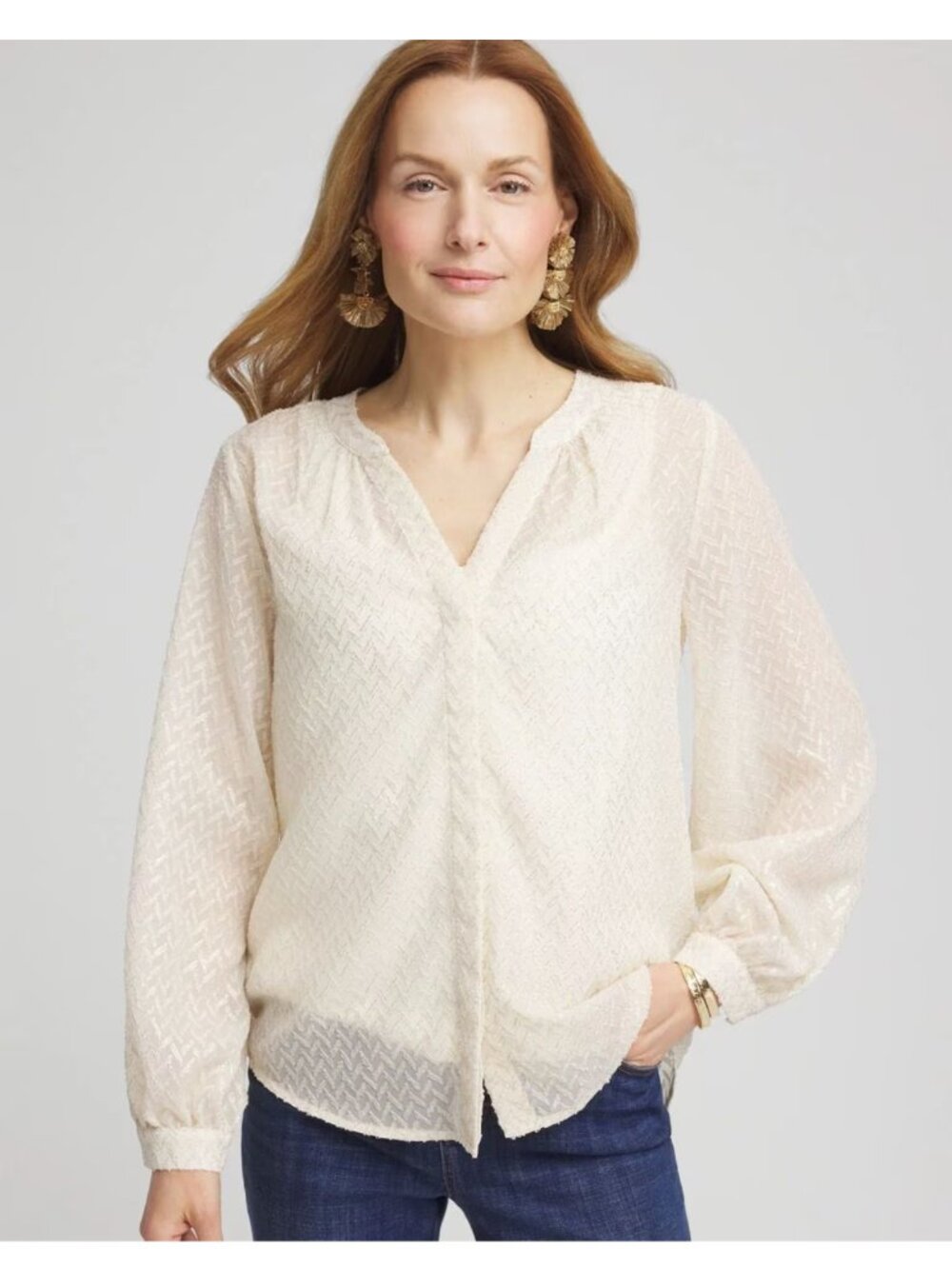 NWT CHICO'S Chevron Blouson Sheer Sleeve Blouse in Ecru Size 2/US 12